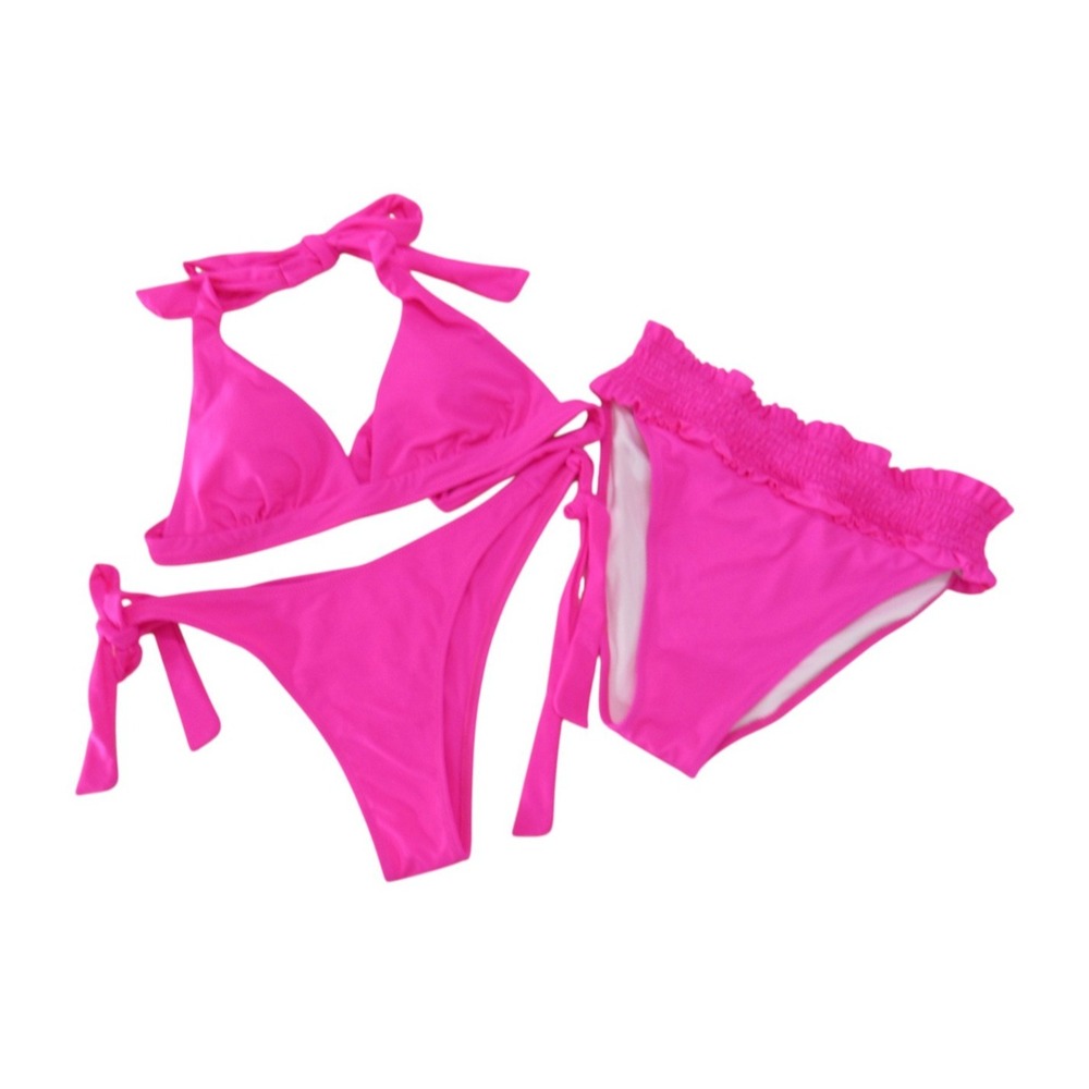 BEACHSISSI 3-Pc PINK Halter Top/Ruffled Hipster Bottoms BIKINI SWIMSUIT SET XL